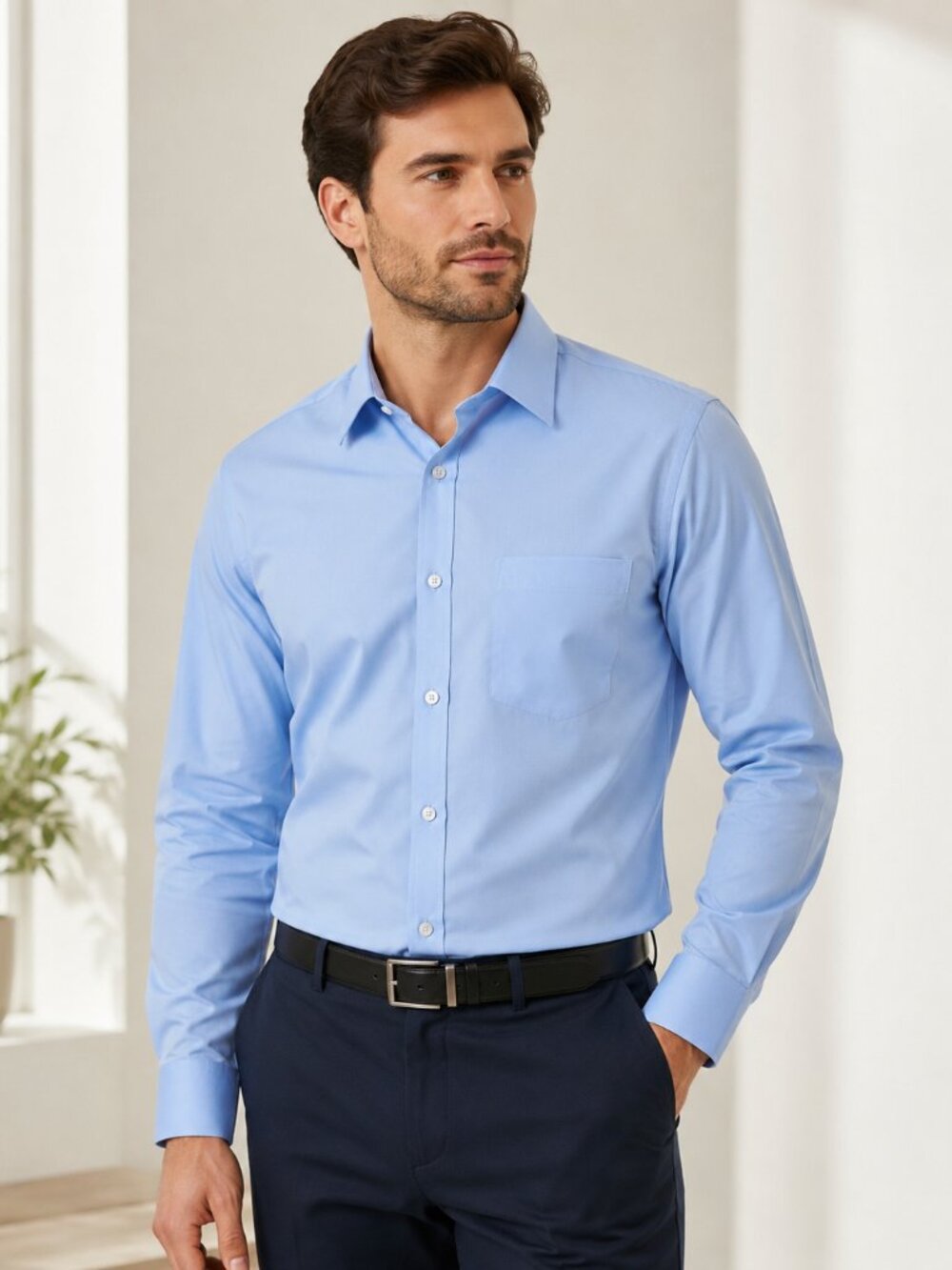 George Men's Light Blue Wrinkle Resistant Dress Shirt Size L